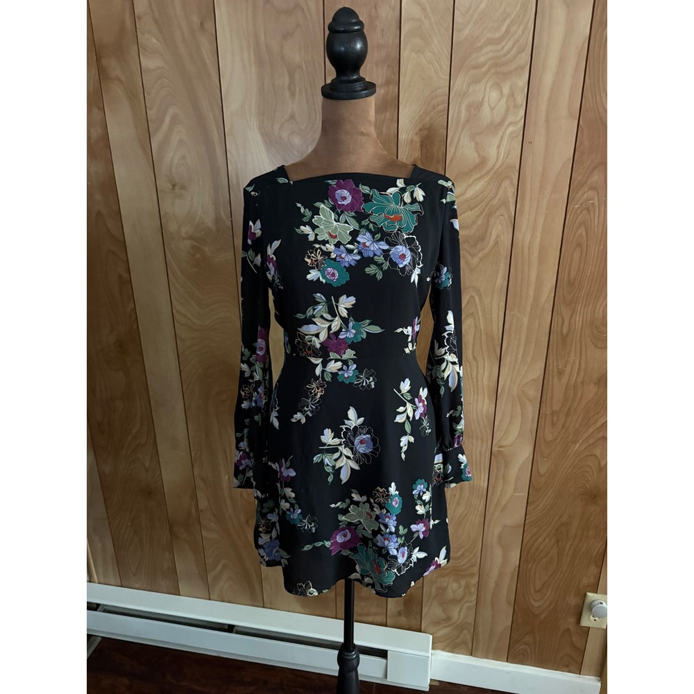Loft Petites Black Floral Long Sleeve Mini Dress Square Neck Size 0P‎